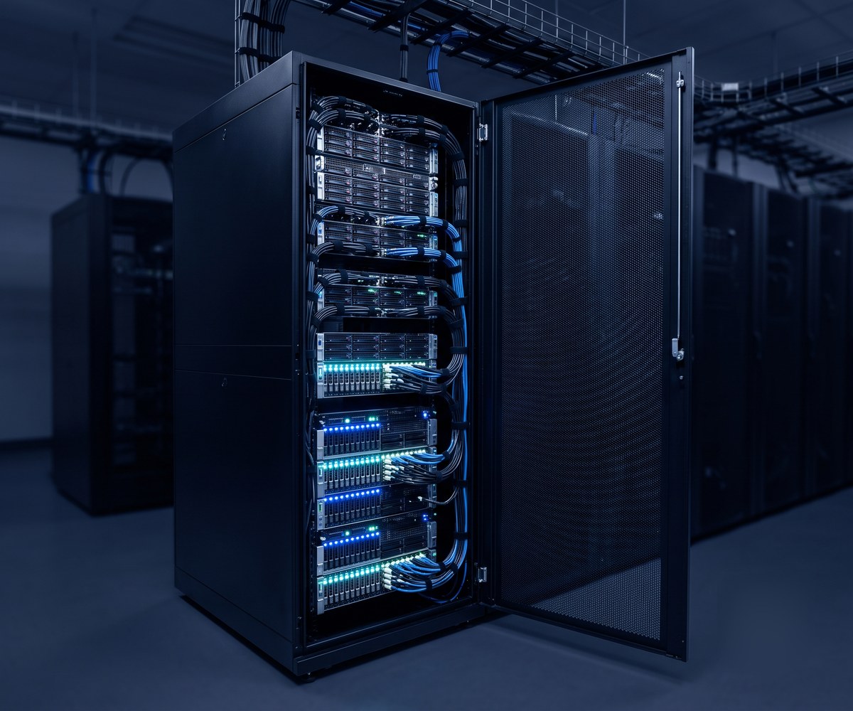 Open server cabinet with neatly cabled equipment