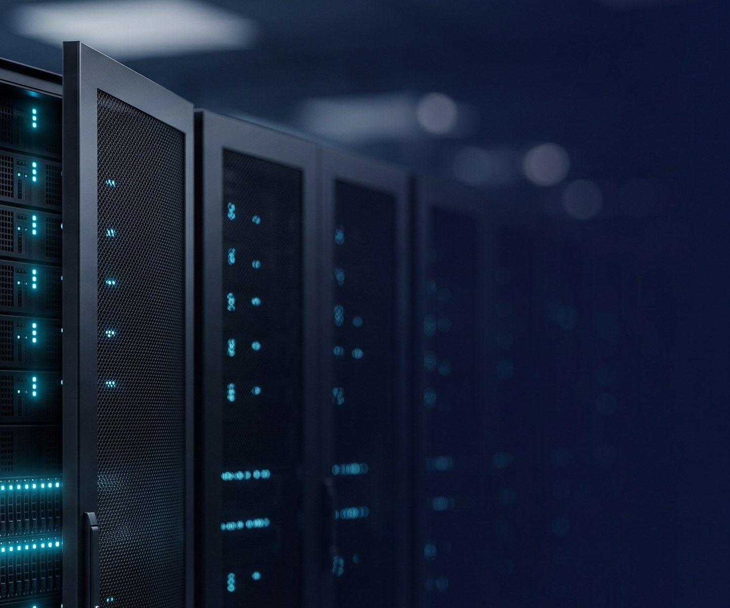 Illuminated server cabinet door with rows of blue status indicators